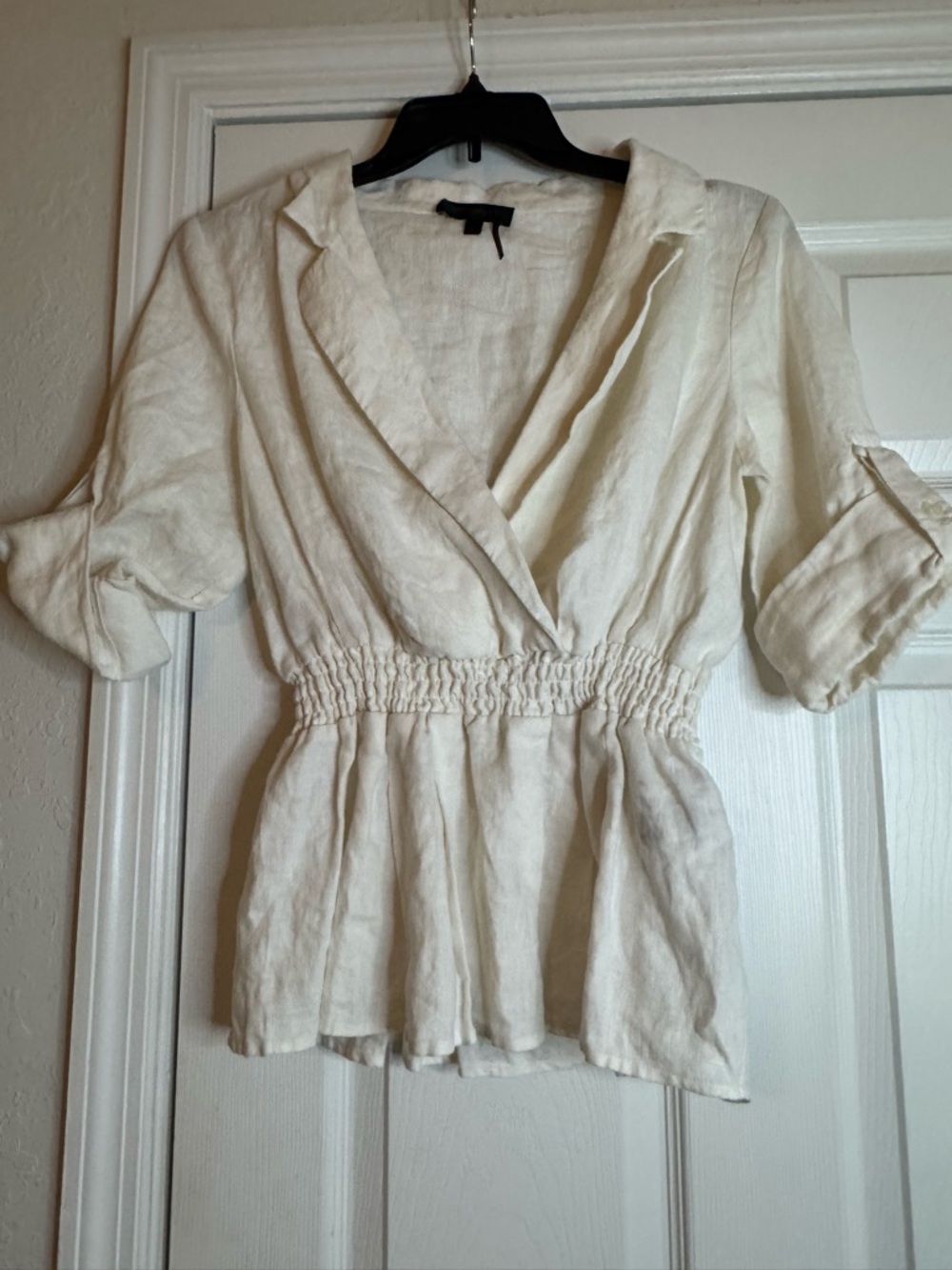 Donna Karan Cream Wrap Peplum Blouse with Smocked Waist